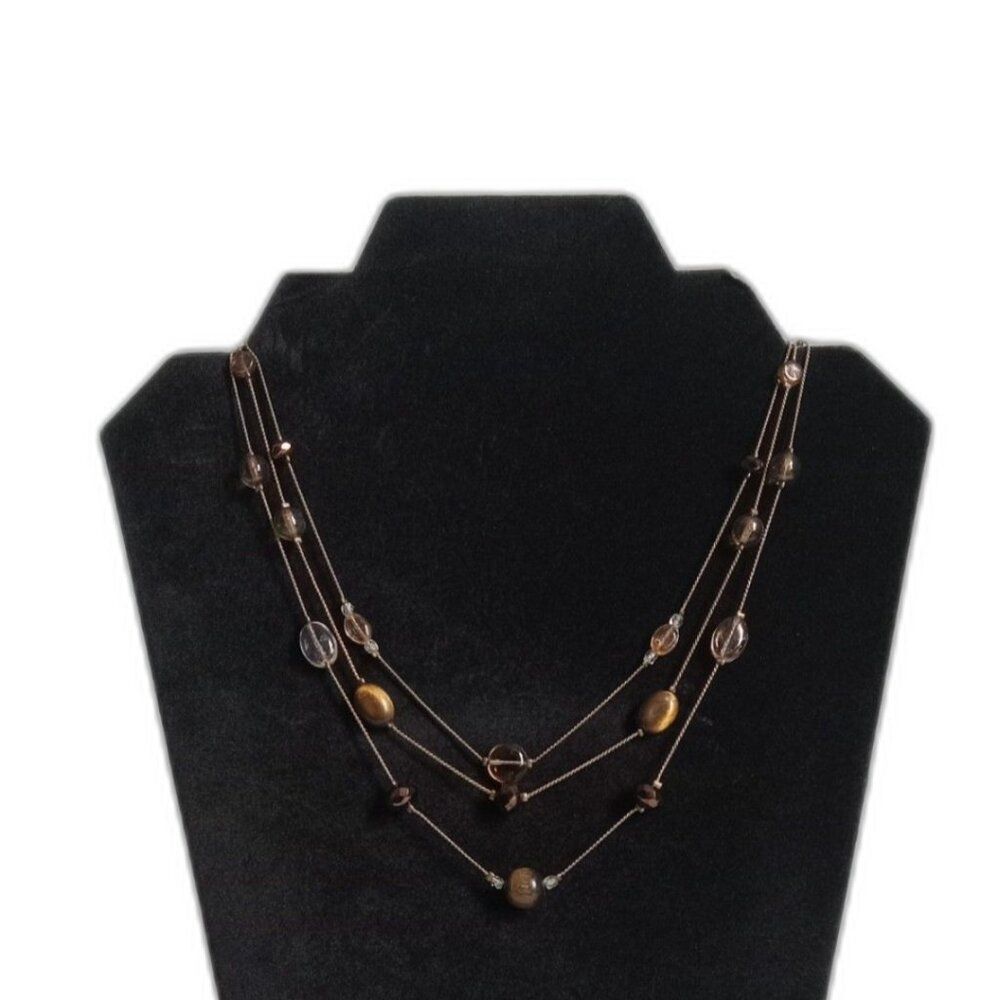 Brown and Orange Beaded Triple Strand Gold Toned Serpentine Chain Link Necklace